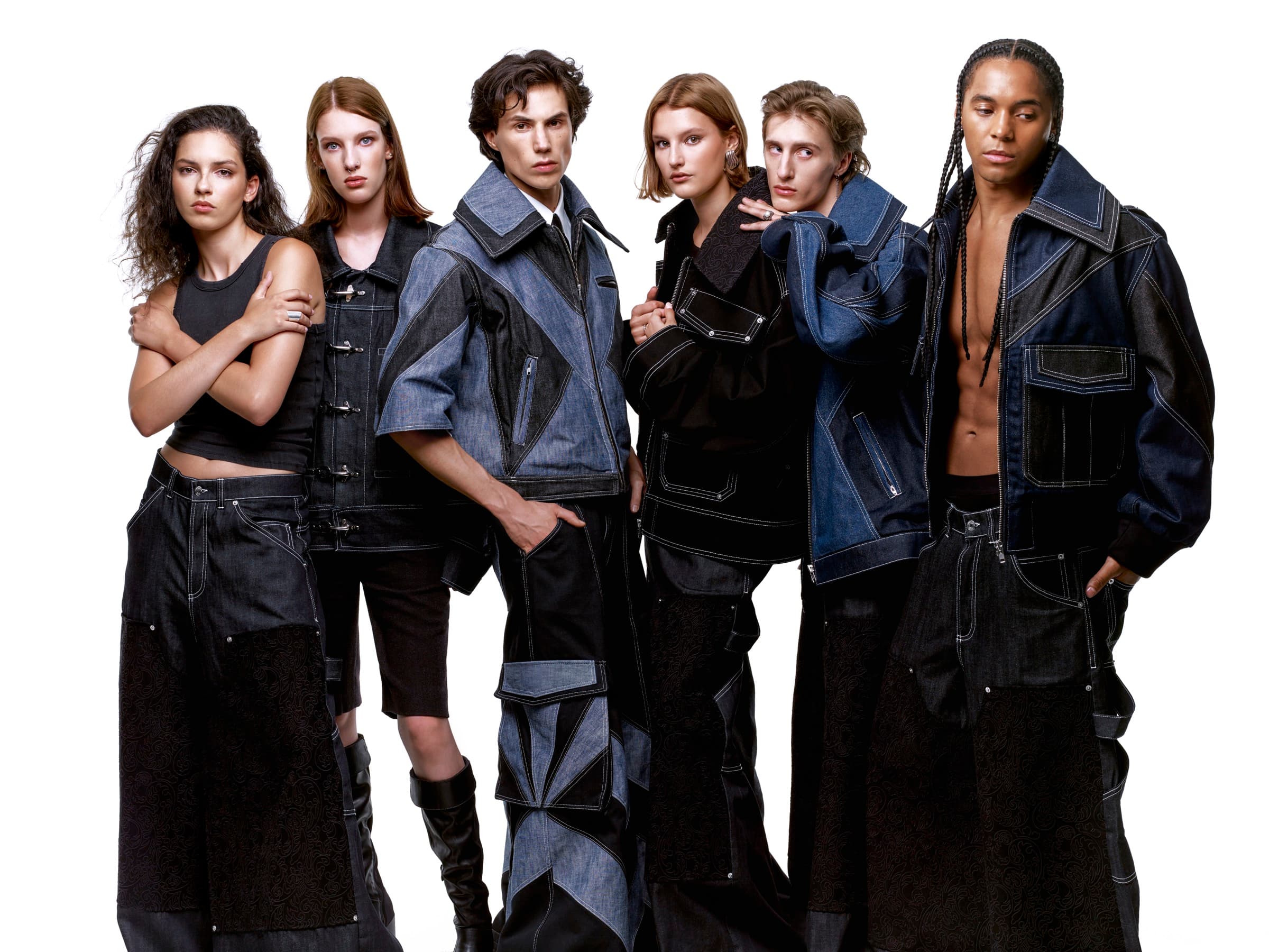Collection I — V-VISION '26. Six looks in architectural denim, photographed for the campaign.